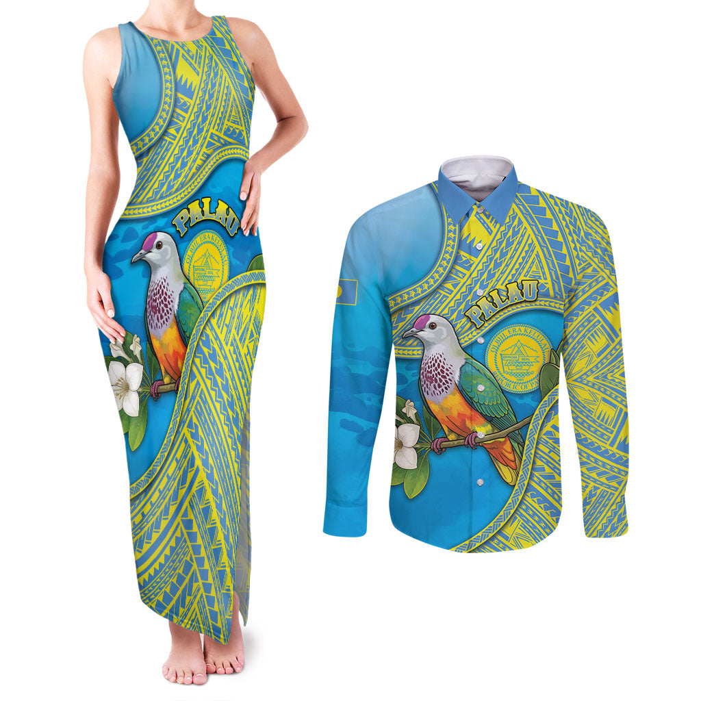 Personalised Palau Biib Bird Couples Matching Tank Maxi Dress and Long Sleeve Button Shirt Rur Flower And Rock Islands Patterns