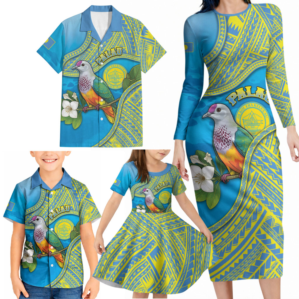 Personalised Palau Biib Bird Family Matching Long Sleeve Bodycon Dress and Hawaiian Shirt Rur Flower And Rock Islands Patterns DT05 - Polynesian Pride
