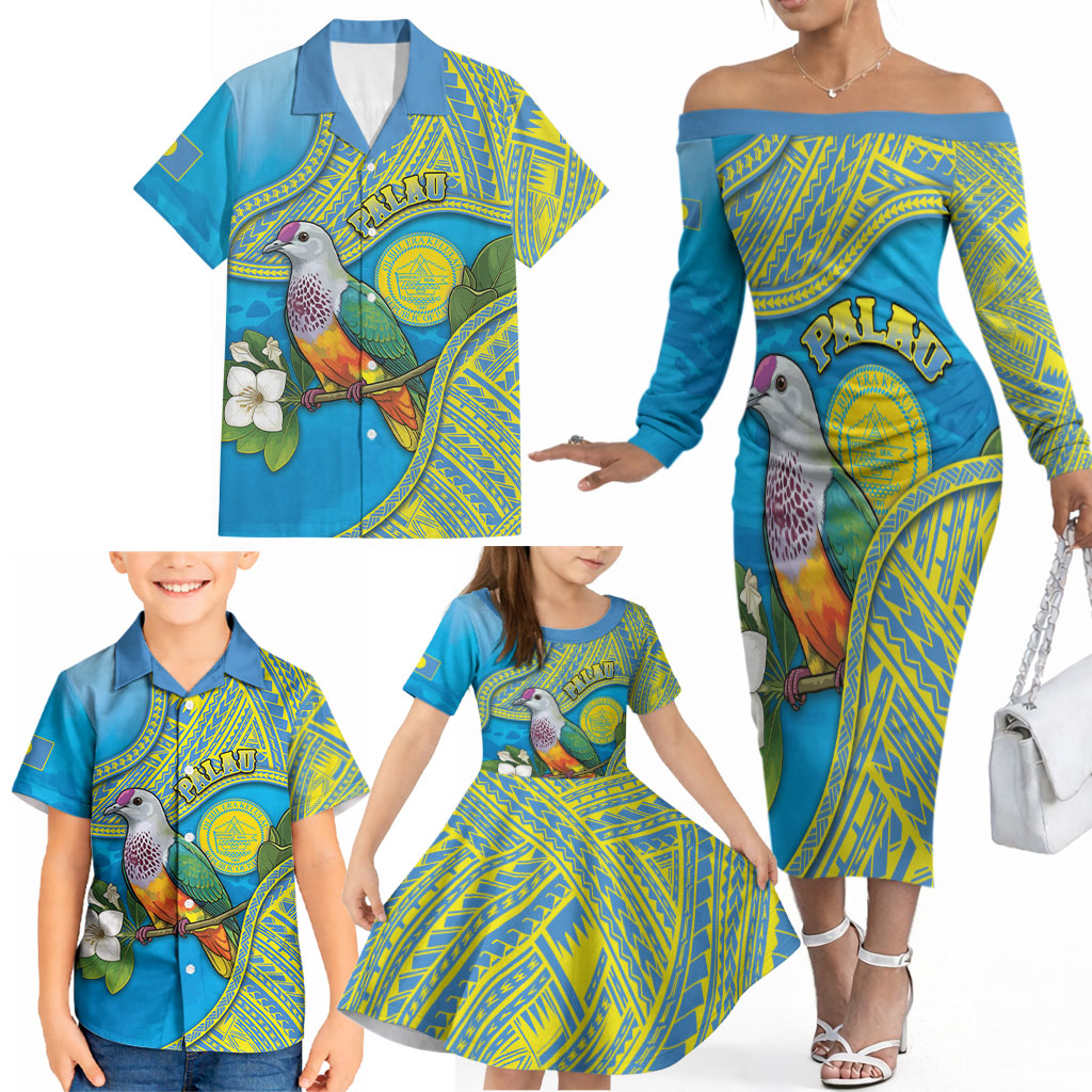 Personalised Palau Biib Bird Family Matching Off The Shoulder Long Sleeve Dress and Hawaiian Shirt Rur Flower And Rock Islands Patterns DT05 - Polynesian Pride