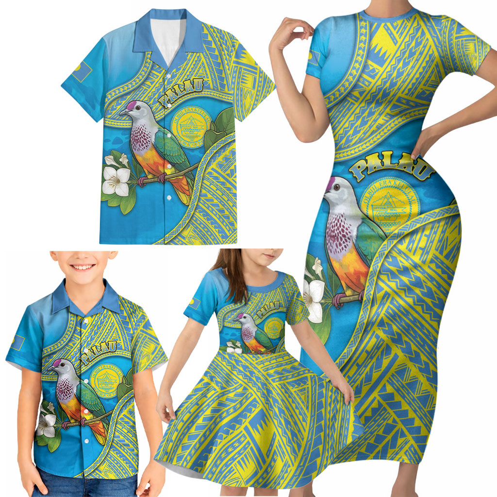 Personalised Palau Biib Bird Family Matching Short Sleeve Bodycon Dress and Hawaiian Shirt Rur Flower And Rock Islands Patterns DT05 - Polynesian Pride