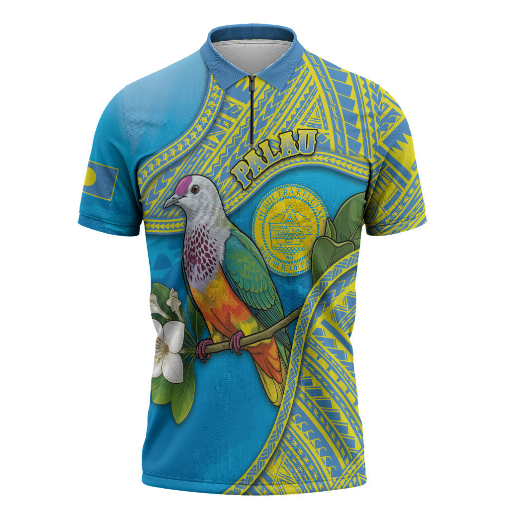 Personalised Palau Biib Bird Zipper Polo Shirt Rur Flower And Rock Islands Patterns