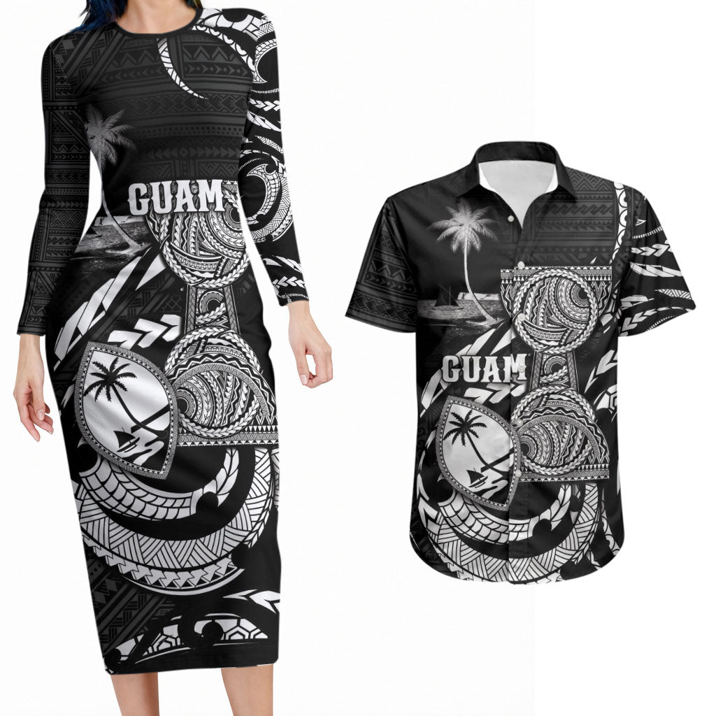 Personalised Guam Liberation Day Couples Matching Long Sleeve Bodycon Dress and Hawaiian Shirt Black White Latte Stone Tribal Patterns DT05 Black - Polynesian Pride