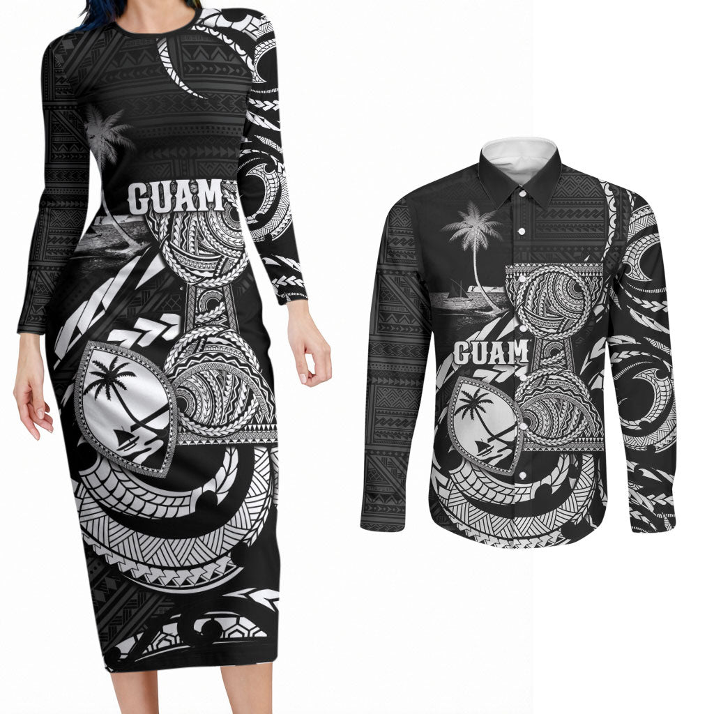 Personalised Guam Liberation Day Couples Matching Long Sleeve Bodycon Dress and Long Sleeve Button Shirt Black White Latte Stone Tribal Patterns DT05 Black - Polynesian Pride