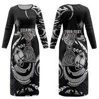 Personalised Guam Liberation Day Couples Matching Long Sleeve Bodycon Dress and Long Sleeve Button Shirt Black White Latte Stone Tribal Patterns DT05 - Polynesian Pride