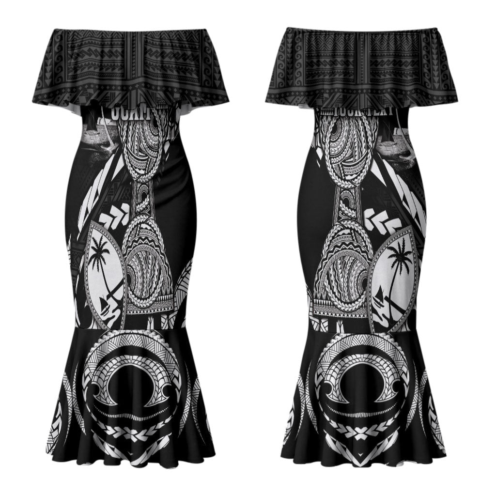 Personalised Guam Liberation Day Couples Matching Mermaid Dress and Hawaiian Shirt Black White Latte Stone Tribal Patterns DT05 - Polynesian Pride