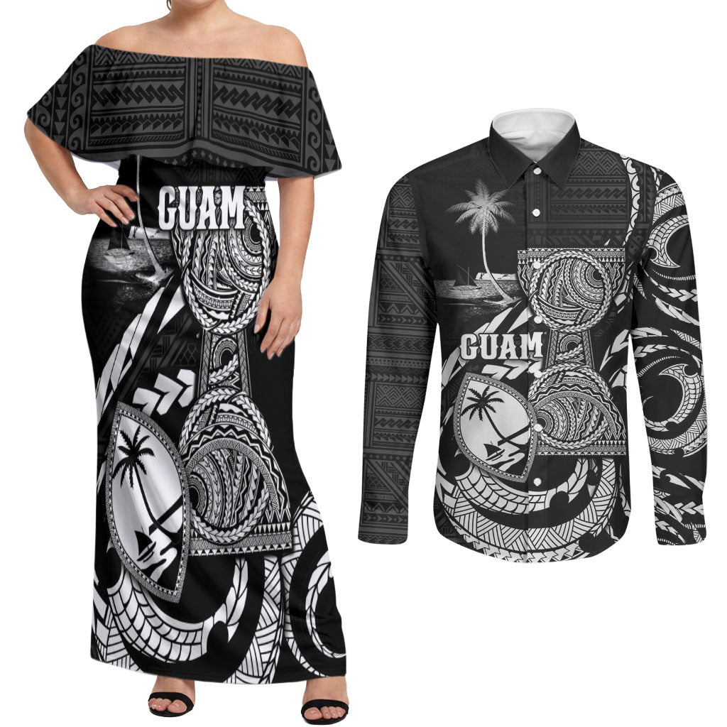 Personalised Guam Liberation Day Couples Matching Off Shoulder Maxi Dress and Long Sleeve Button Shirt Black White Latte Stone Tribal Patterns DT05 Black - Polynesian Pride