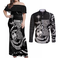 Personalised Guam Liberation Day Couples Matching Off Shoulder Maxi Dress and Long Sleeve Button Shirt Black White Latte Stone Tribal Patterns
