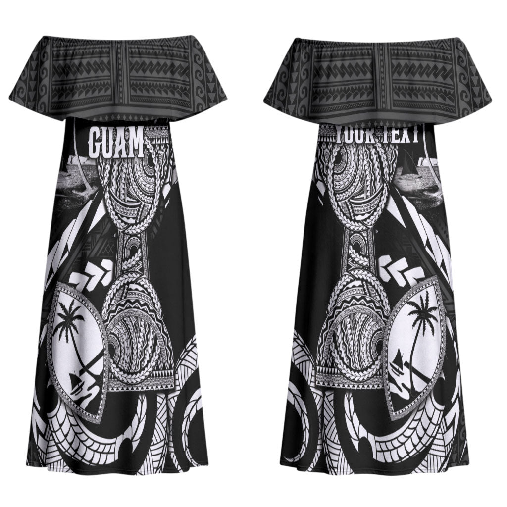 Personalised Guam Liberation Day Couples Matching Off Shoulder Maxi Dress and Long Sleeve Button Shirt Black White Latte Stone Tribal Patterns DT05 - Polynesian Pride