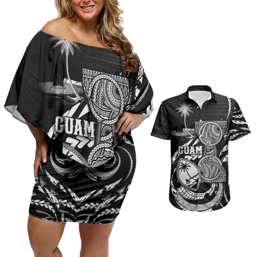 Personalised Guam Liberation Day Couples Matching Off Shoulder Short Dress and Hawaiian Shirt Black White Latte Stone Tribal Patterns DT05 Black - Polynesian Pride
