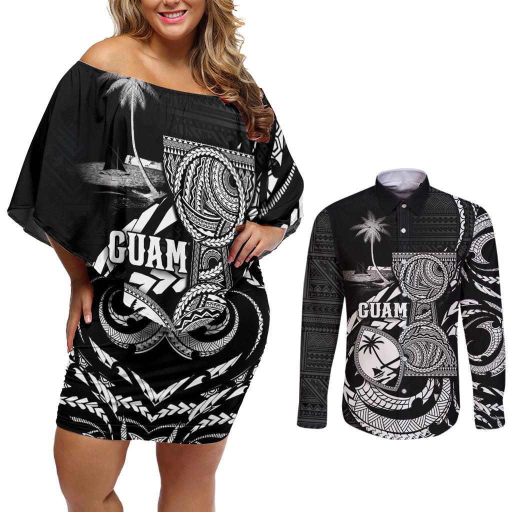 Personalised Guam Liberation Day Couples Matching Off Shoulder Short Dress and Long Sleeve Button Shirt Black White Latte Stone Tribal Patterns