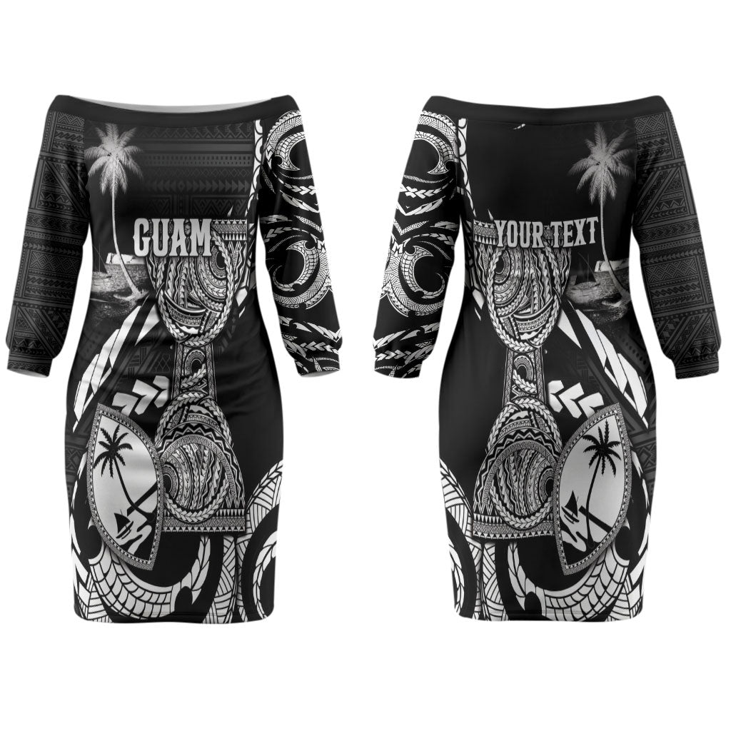 Personalised Guam Liberation Day Couples Matching Off The Shoulder Long Sleeve Dress and Hawaiian Shirt Black White Latte Stone Tribal Patterns DT05 - Polynesian Pride