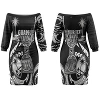 Personalised Guam Liberation Day Couples Matching Off The Shoulder Long Sleeve Dress and Hawaiian Shirt Black White Latte Stone Tribal Patterns DT05 - Polynesian Pride