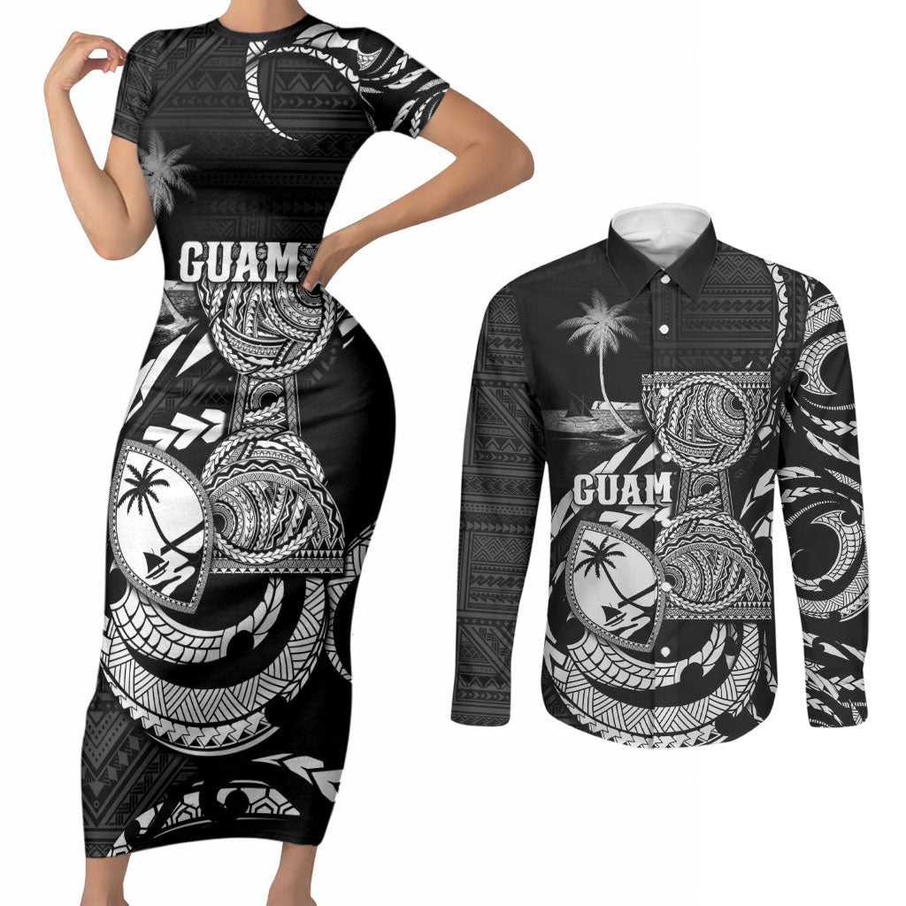 Personalised Guam Liberation Day Couples Matching Short Sleeve Bodycon Dress and Long Sleeve Button Shirt Black White Latte Stone Tribal Patterns DT05 Black - Polynesian Pride