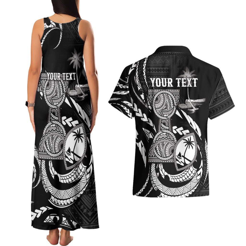 Personalised Guam Liberation Day Couples Matching Tank Maxi Dress and Hawaiian Shirt Black White Latte Stone Tribal Patterns