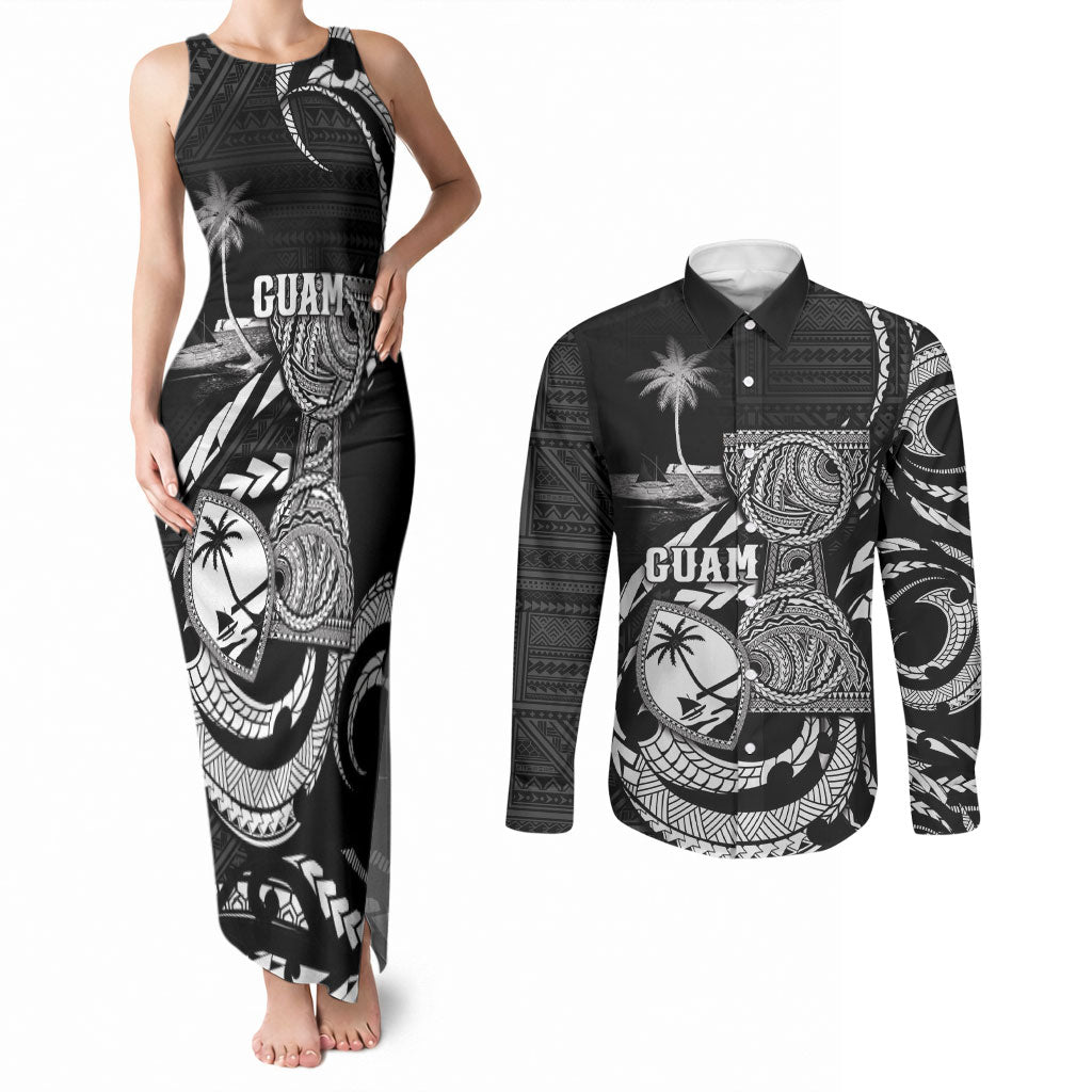 Personalised Guam Liberation Day Couples Matching Tank Maxi Dress and Long Sleeve Button Shirt Black White Latte Stone Tribal Patterns DT05 Black - Polynesian Pride