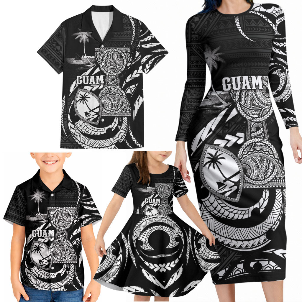 Personalised Guam Liberation Day Family Matching Long Sleeve Bodycon Dress and Hawaiian Shirt Black White Latte Stone Tribal Patterns DT05 - Polynesian Pride