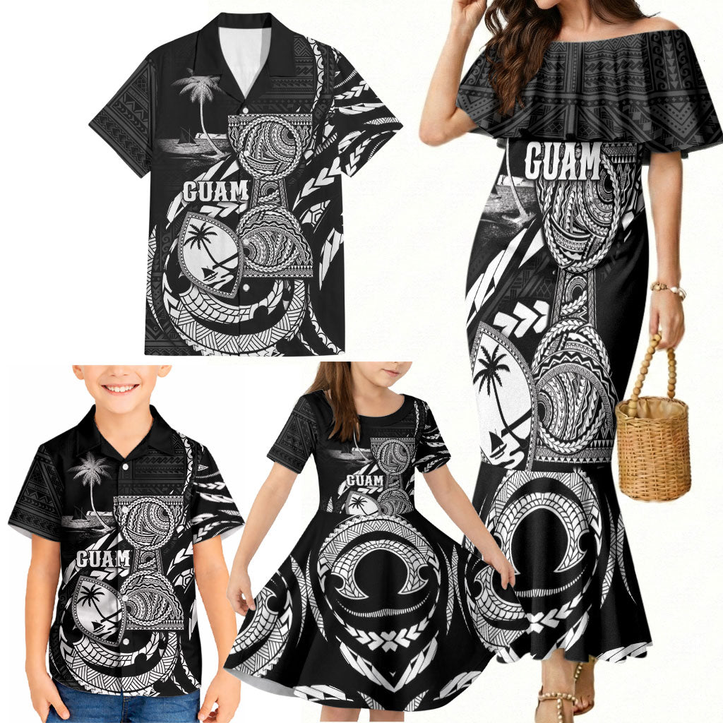 Personalised Guam Liberation Day Family Matching Mermaid Dress and Hawaiian Shirt Black White Latte Stone Tribal Patterns DT05 - Polynesian Pride