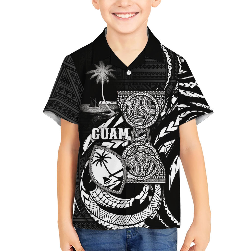 Personalised Guam Liberation Day Family Matching Off The Shoulder Long Sleeve Dress and Hawaiian Shirt Black White Latte Stone Tribal Patterns