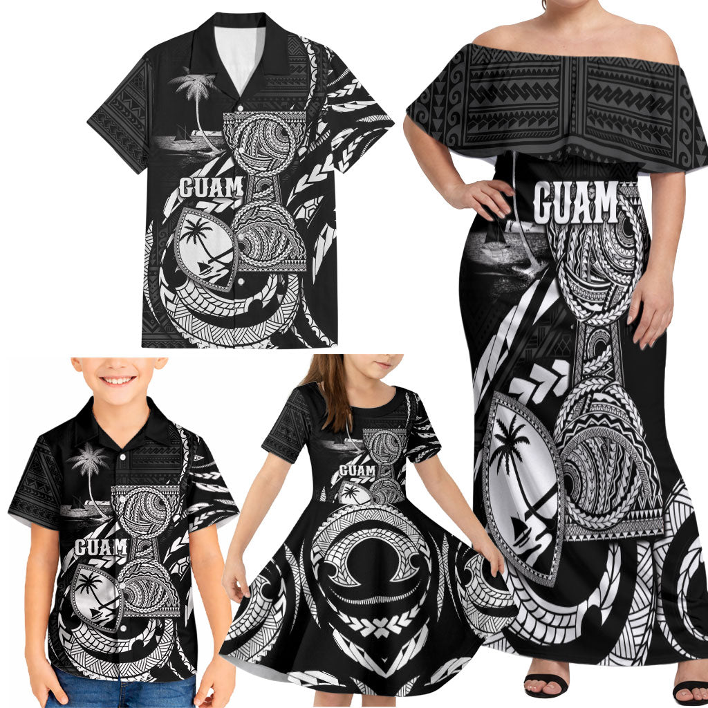 Personalised Guam Liberation Day Family Matching Off Shoulder Maxi Dress and Hawaiian Shirt Black White Latte Stone Tribal Patterns DT05 - Polynesian Pride