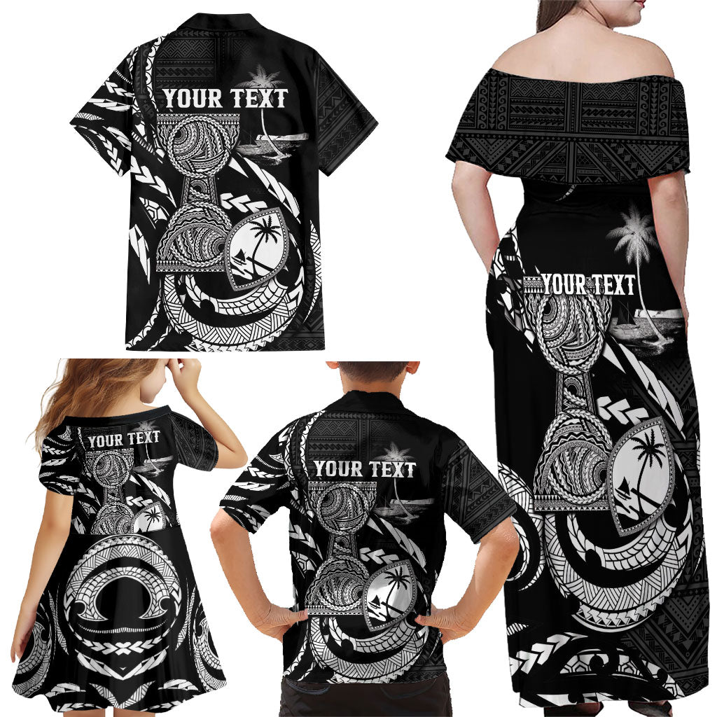 Personalised Guam Liberation Day Family Matching Off Shoulder Maxi Dress and Hawaiian Shirt Black White Latte Stone Tribal Patterns