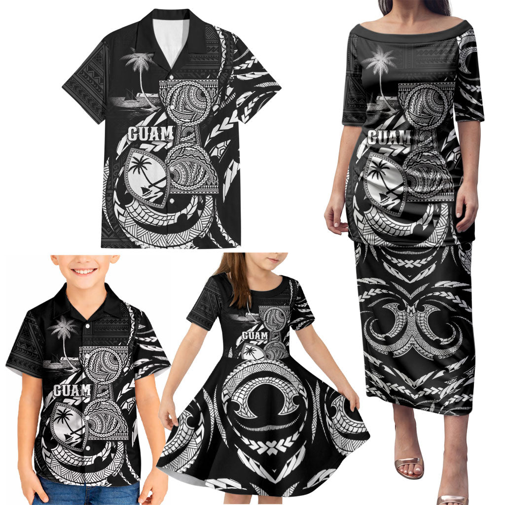 Personalised Guam Liberation Day Family Matching Puletasi and Hawaiian Shirt Black White Latte Stone Tribal Patterns DT05 - Polynesian Pride