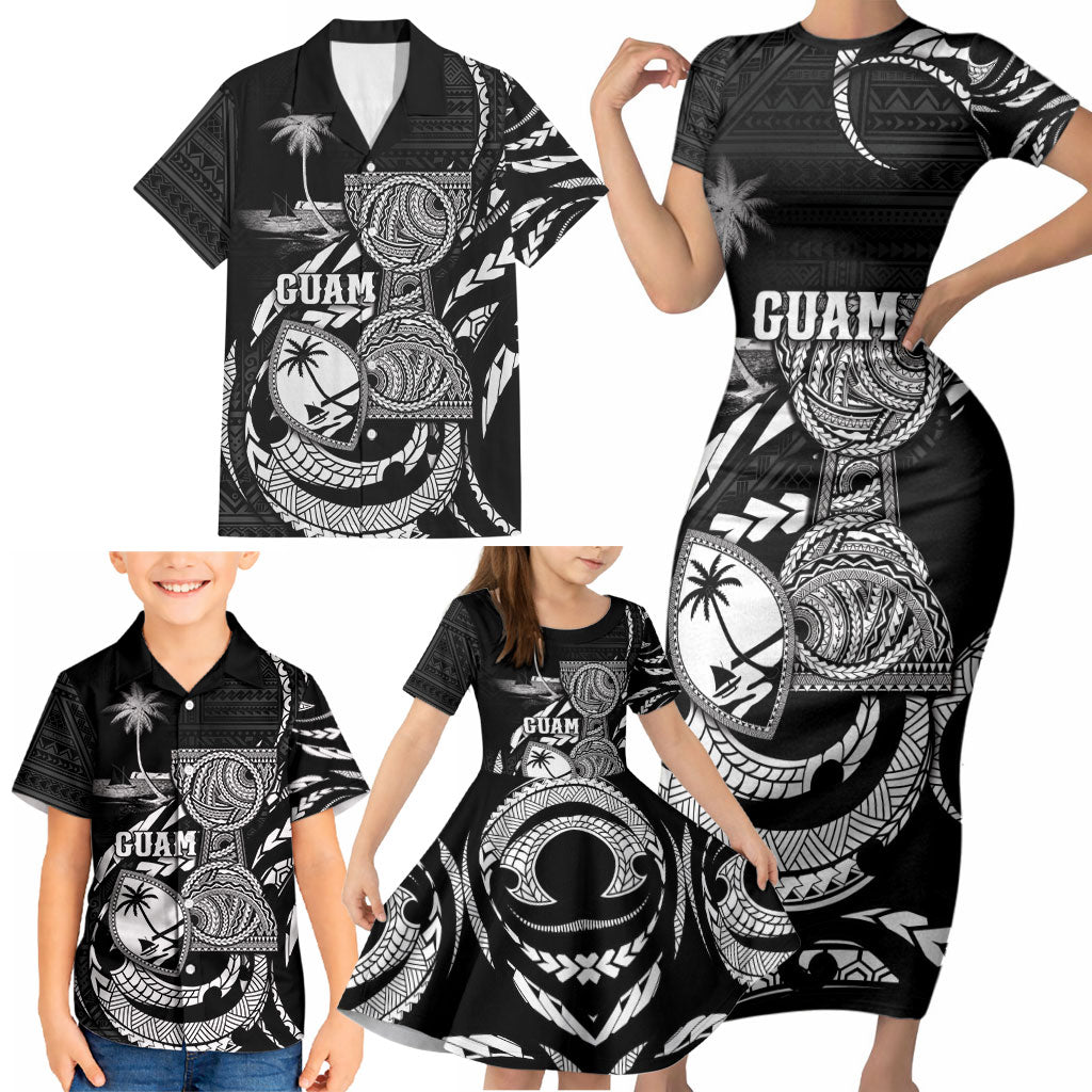 Personalised Guam Liberation Day Family Matching Short Sleeve Bodycon Dress and Hawaiian Shirt Black White Latte Stone Tribal Patterns DT05 - Polynesian Pride