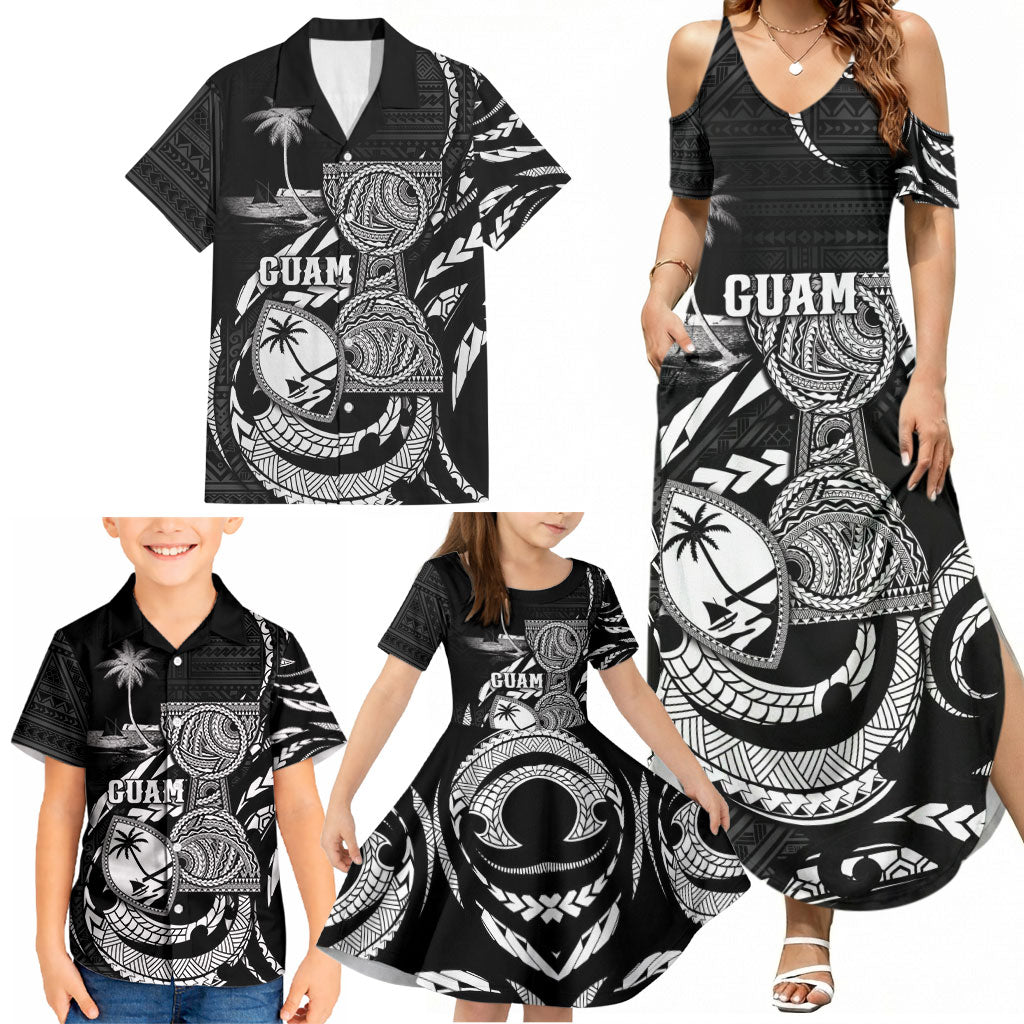 Personalised Guam Liberation Day Family Matching Summer Maxi Dress and Hawaiian Shirt Black White Latte Stone Tribal Patterns DT05 - Polynesian Pride