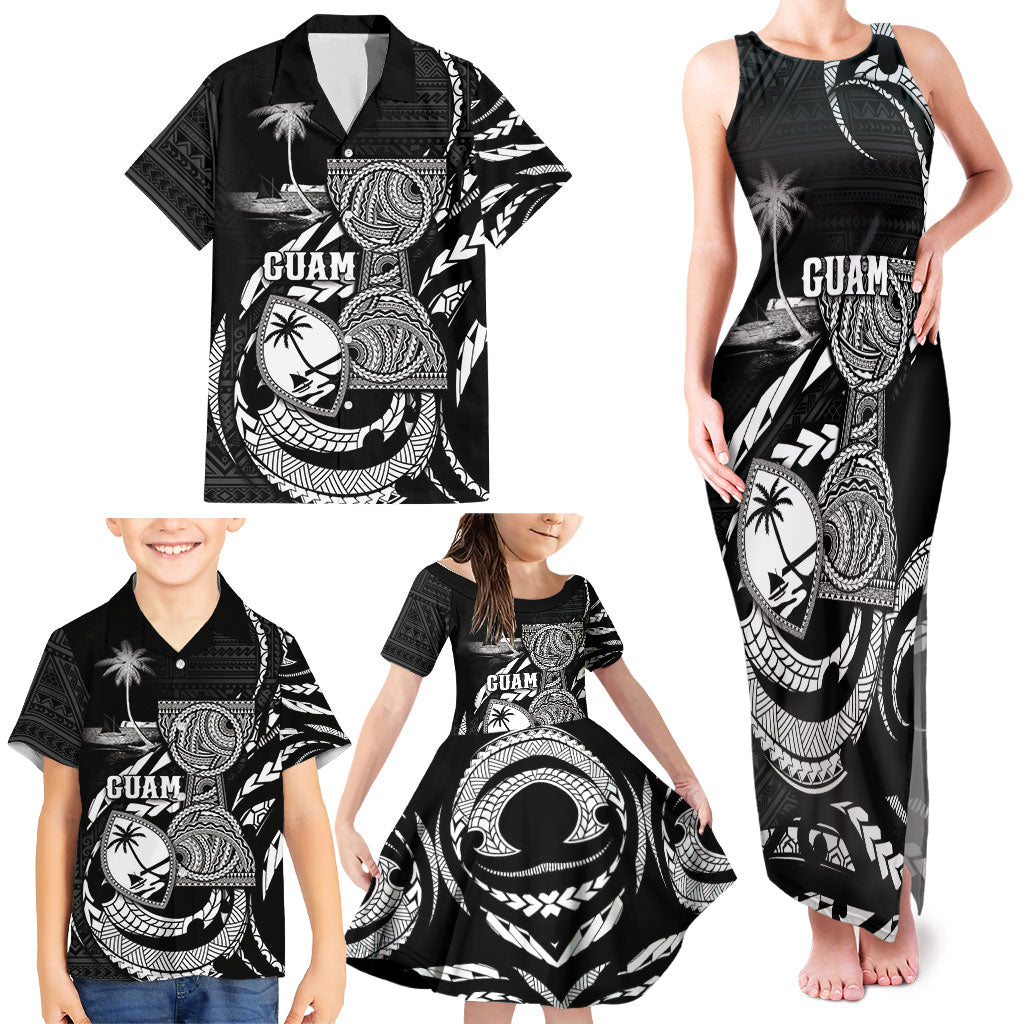 Personalised Guam Liberation Day Family Matching Tank Maxi Dress and Hawaiian Shirt Black White Latte Stone Tribal Patterns