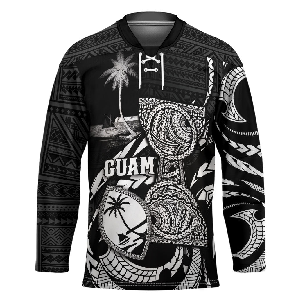 Personalised Guam Liberation Day Hockey Jersey Black White Latte Stone Tribal Patterns