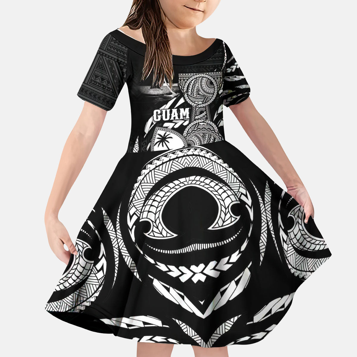 Personalised Guam Liberation Day Kid Short Sleeve Dress Black White Latte Stone Tribal Patterns