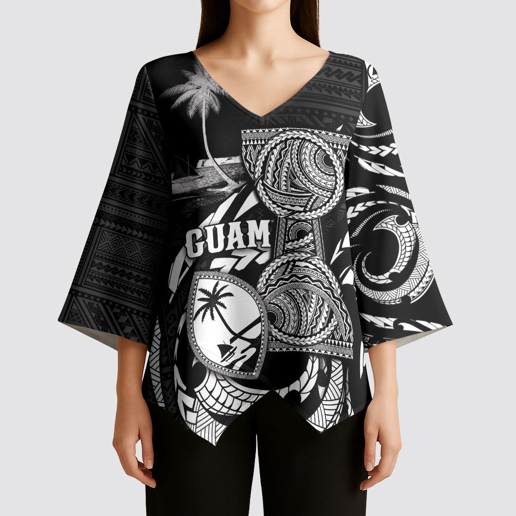 Personalised Guam Liberation Day Kimono Sleeve Blouse Black White Latte Stone Tribal Patterns