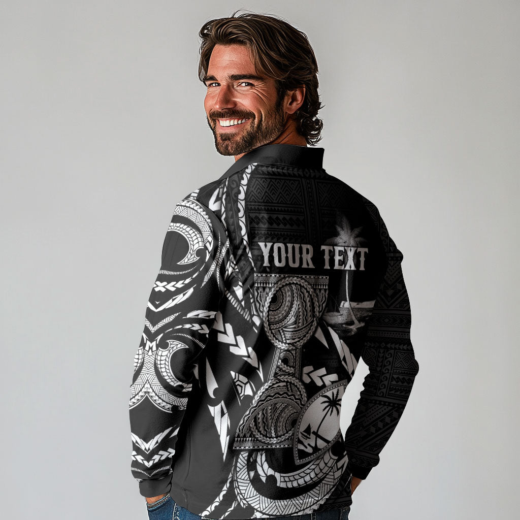 Personalised Guam Liberation Day Long Sleeve Polo Shirt Black White Latte Stone Tribal Patterns