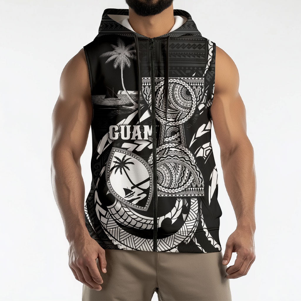 Personalised Guam Liberation Day Sleeveless Zip Hoodie Black White Latte Stone Tribal Patterns