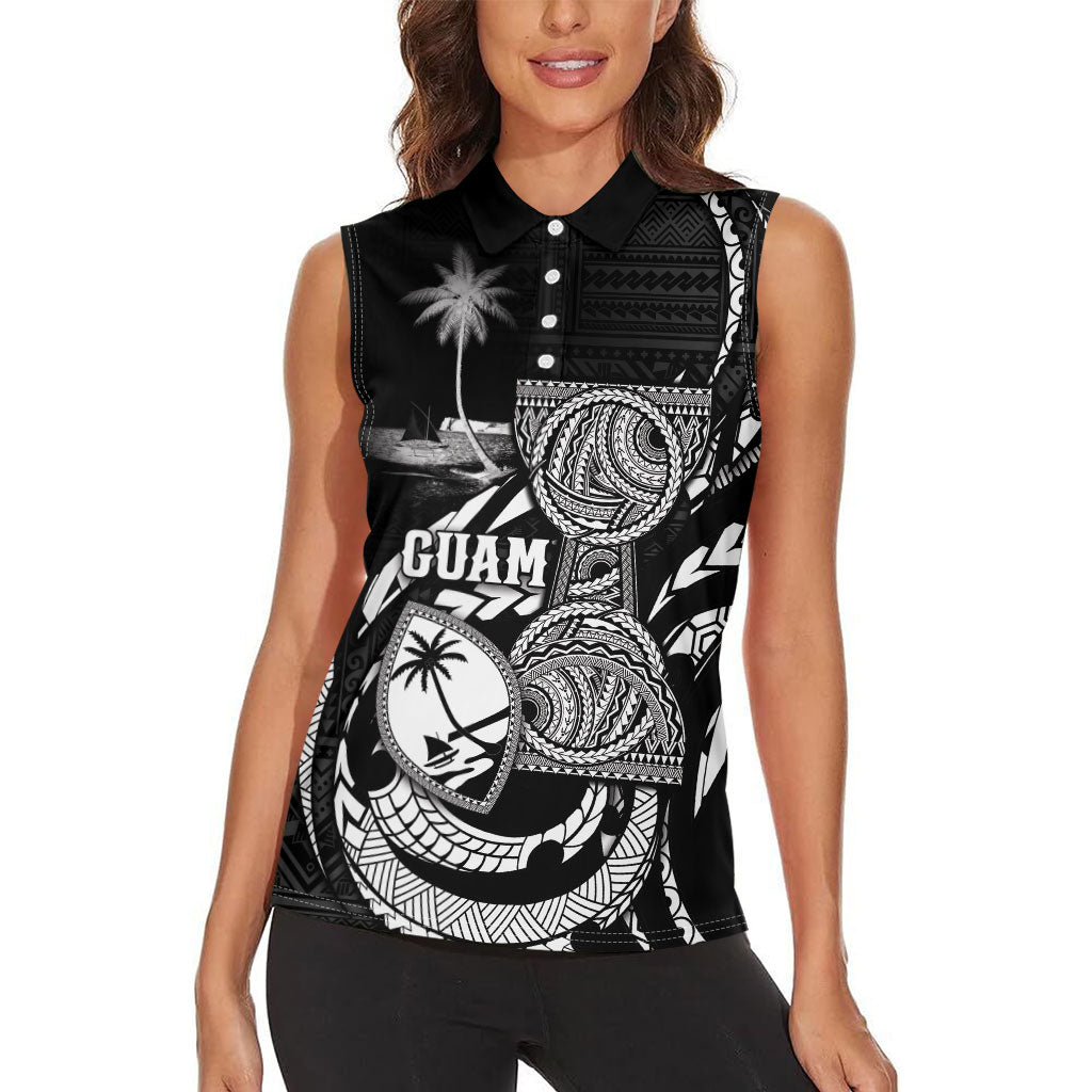 Personalised Guam Liberation Day Women Sleeveless Polo Shirt Black White Latte Stone Tribal Patterns