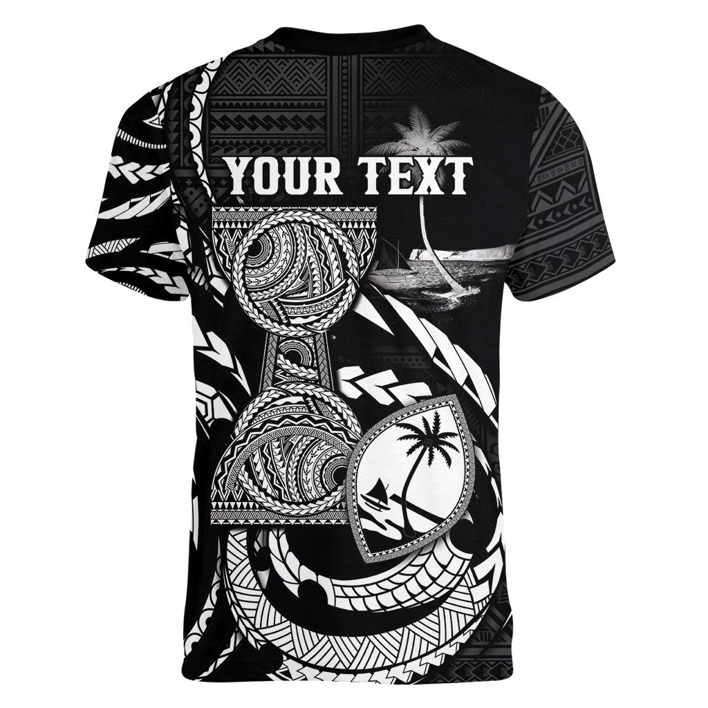 Personalised Guam Liberation Day Women V-Neck T-Shirt Black White Latte Stone Tribal Patterns