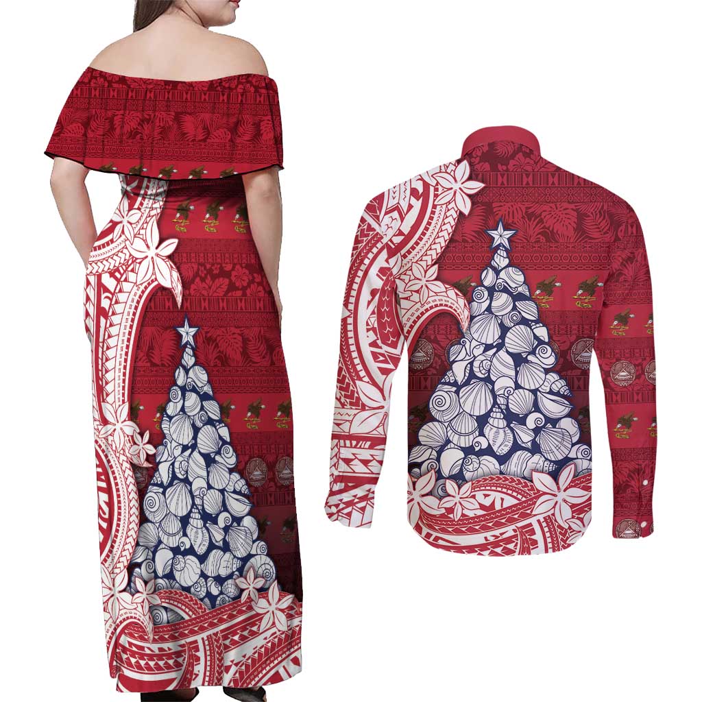 American Samoa Christmas Couples Matching Off Shoulder Maxi Dress and Long Sleeve Button Shirt Seashell Xmas Tree Tribal Waves - Polynesian Pride