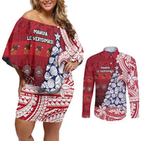 American Samoa Christmas Couples Matching Off Shoulder Short Dress and Long Sleeve Button Shirt Seashell Xmas Tree Tribal Waves - Polynesian Pride