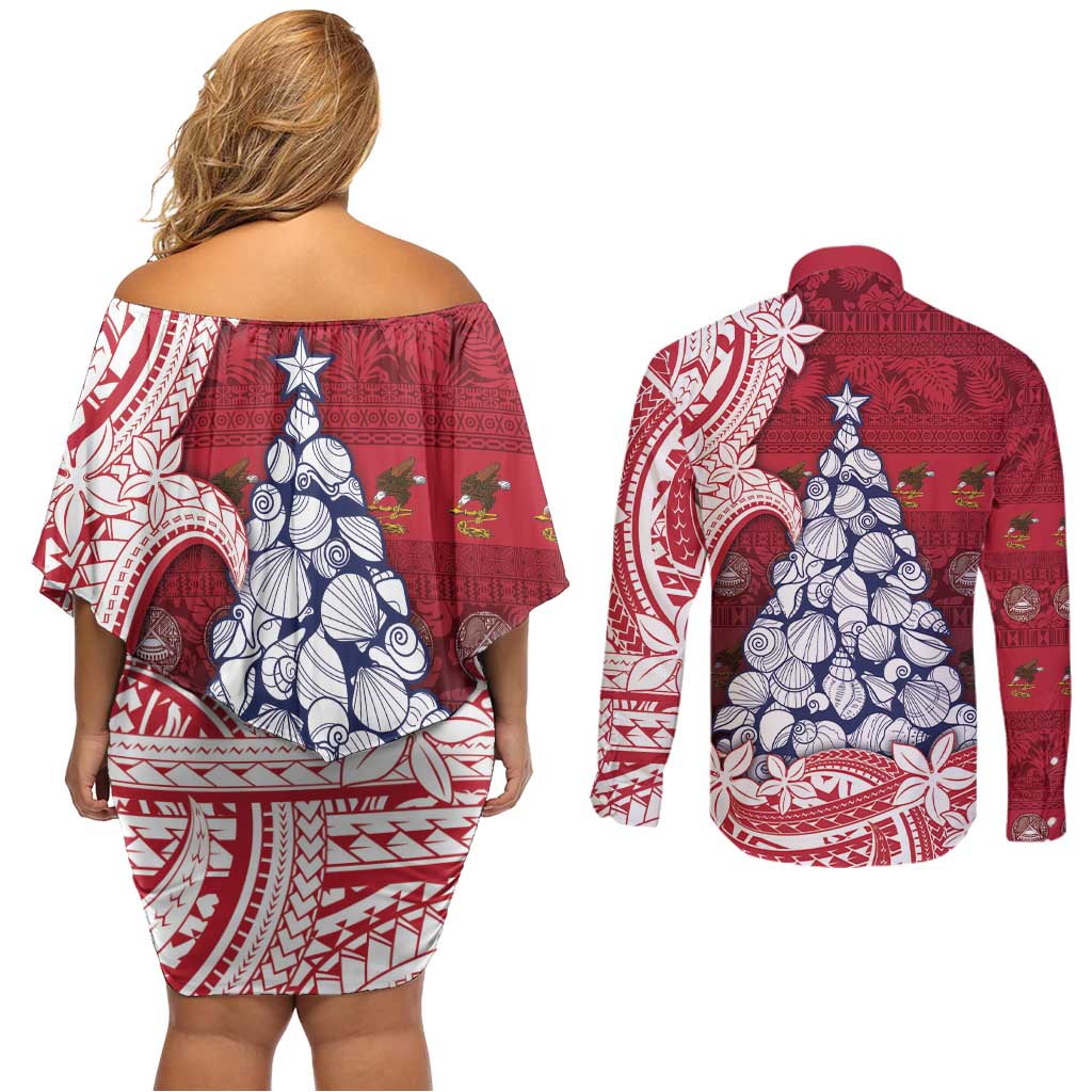 American Samoa Christmas Couples Matching Off Shoulder Short Dress and Long Sleeve Button Shirt Seashell Xmas Tree Tribal Waves - Polynesian Pride