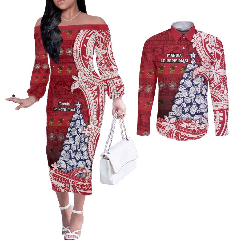 American Samoa Christmas Couples Matching Off The Shoulder Long Sleeve Dress and Long Sleeve Button Shirt Seashell Xmas Tree Tribal Waves - Polynesian Pride