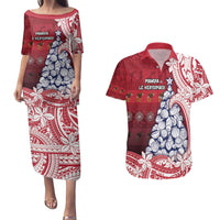 American Samoa Christmas Couples Matching Puletasi and Hawaiian Shirt Seashell Xmas Tree Tribal Waves - Polynesian Pride