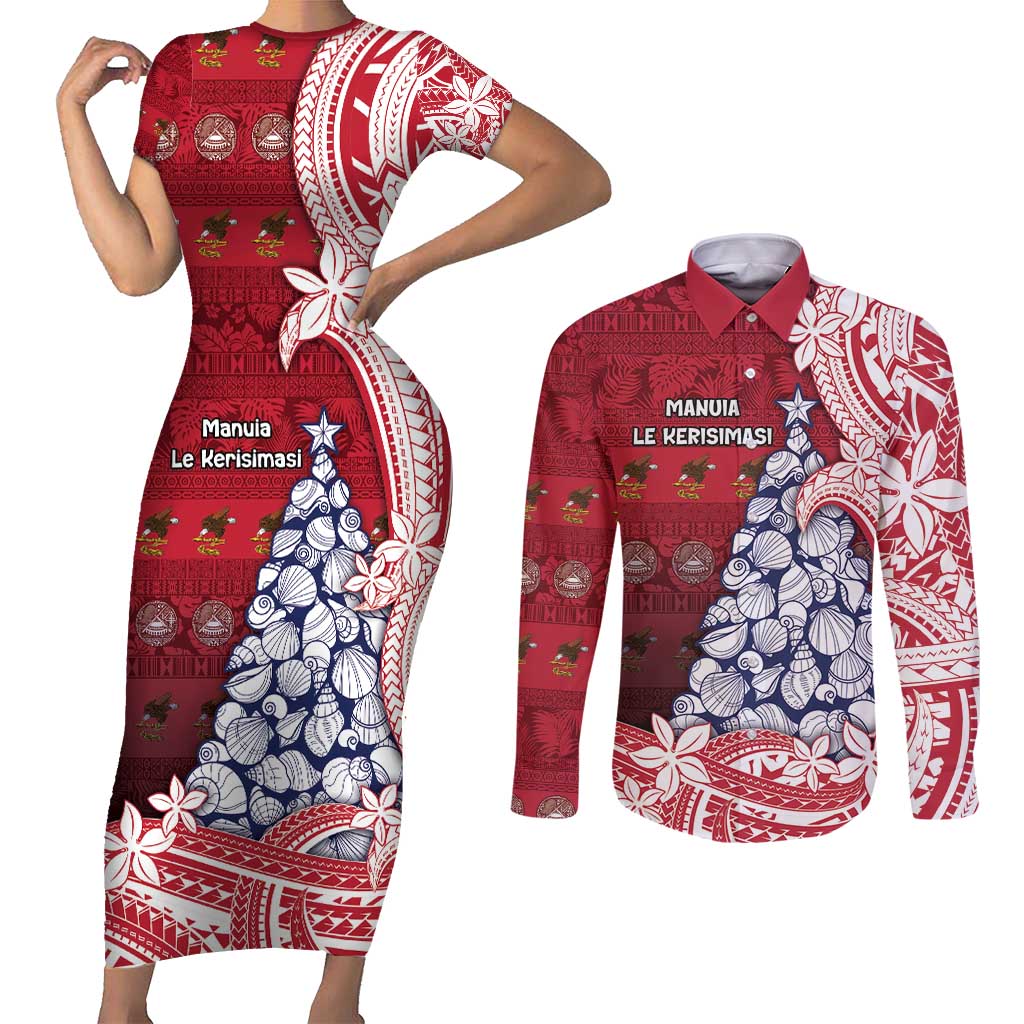 American Samoa Christmas Couples Matching Short Sleeve Bodycon Dress and Long Sleeve Button Shirt Seashell Xmas Tree Tribal Waves - Polynesian Pride