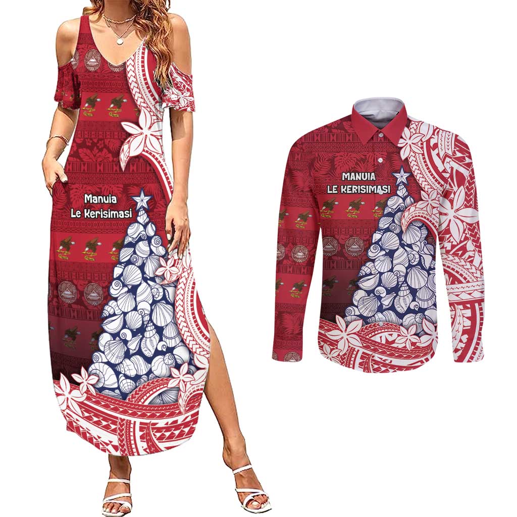 American Samoa Christmas Couples Matching Summer Maxi Dress and Long Sleeve Button Shirt Seashell Xmas Tree Tribal Waves - Polynesian Pride