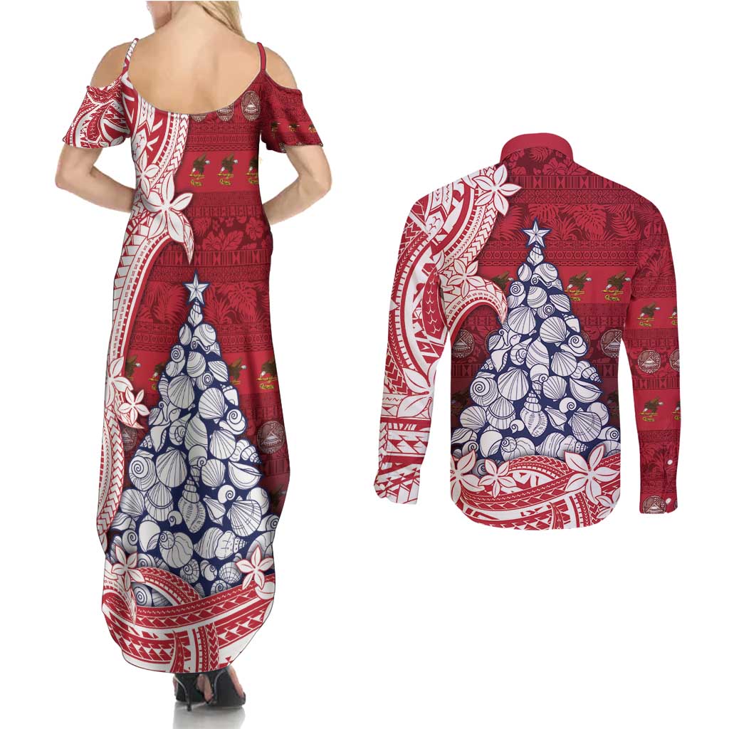 American Samoa Christmas Couples Matching Summer Maxi Dress and Long Sleeve Button Shirt Seashell Xmas Tree Tribal Waves - Polynesian Pride