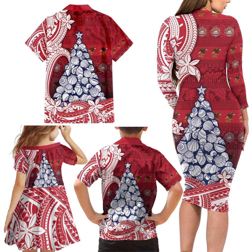 American Samoa Christmas Family Matching Long Sleeve Bodycon Dress and Hawaiian Shirt Seashell Xmas Tree Tribal Waves - Polynesian Pride
