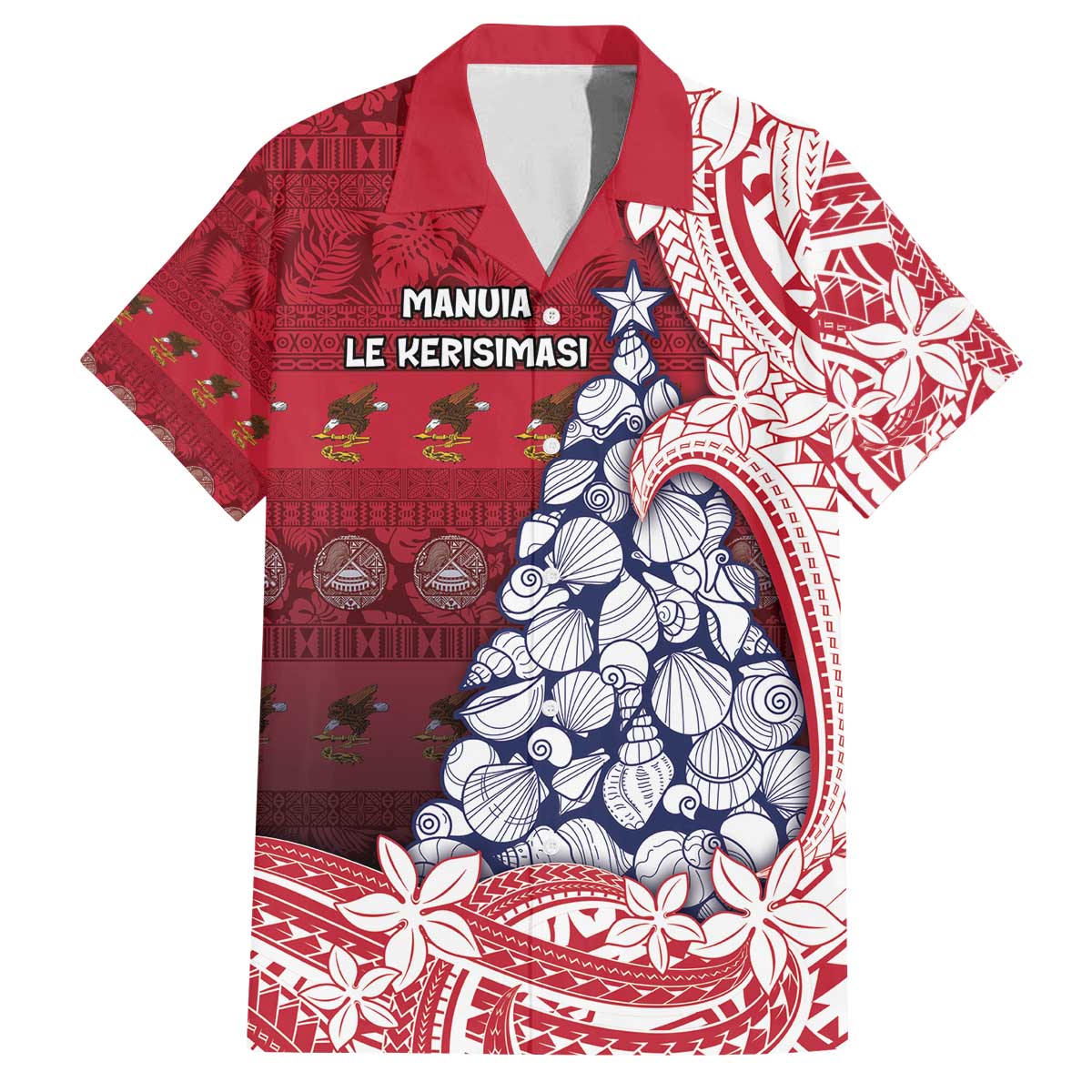 American Samoa Christmas Family Matching Off The Shoulder Long Sleeve Dress and Hawaiian Shirt Seashell Xmas Tree Tribal Waves - Polynesian Pride