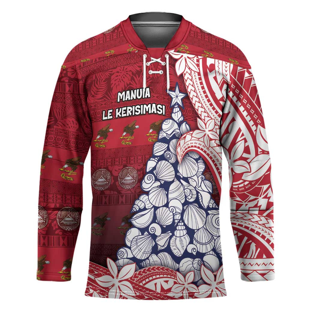 American Samoa Christmas Hockey Jersey Seashell Xmas Tree Tribal Waves - Polynesian Pride