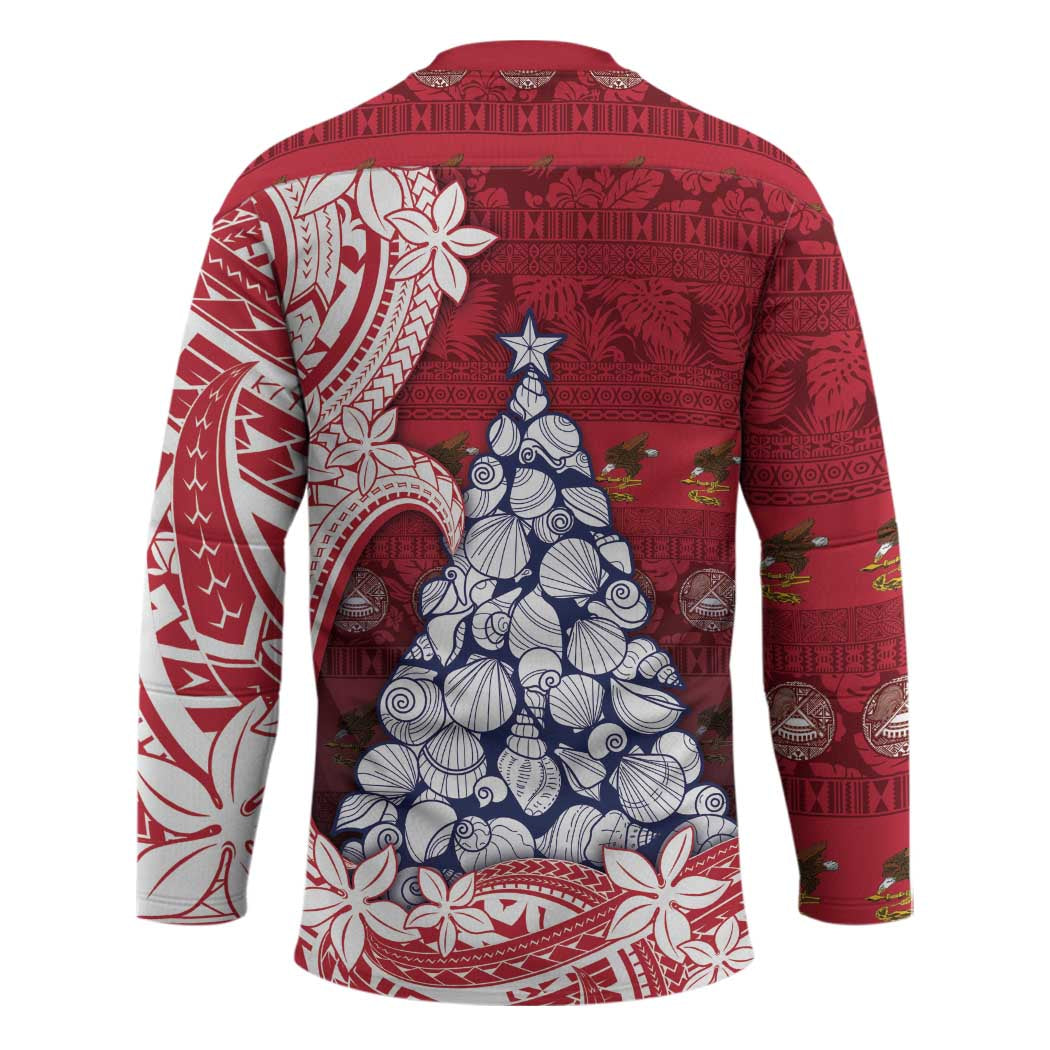 American Samoa Christmas Hockey Jersey Seashell Xmas Tree Tribal Waves - Polynesian Pride
