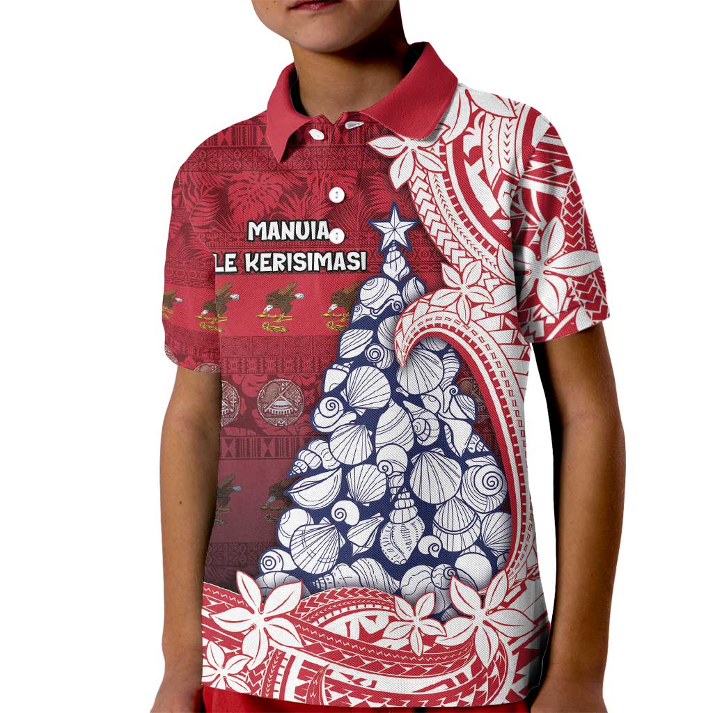 American Samoa Christmas Kid Polo Shirt Seashell Xmas Tree Tribal Waves - Polynesian Pride