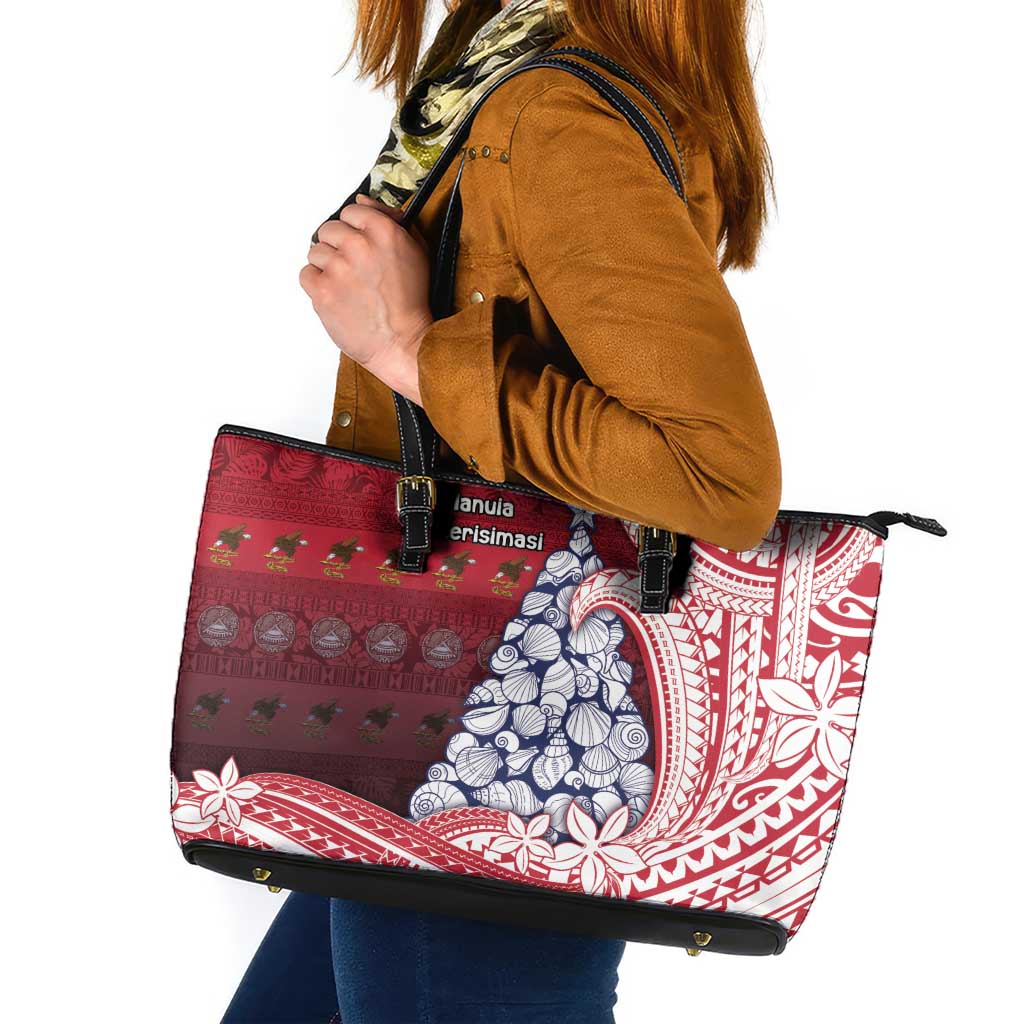 American Samoa Christmas Leather Tote Bag Seashell Xmas Tree Tribal Waves - Polynesian Pride