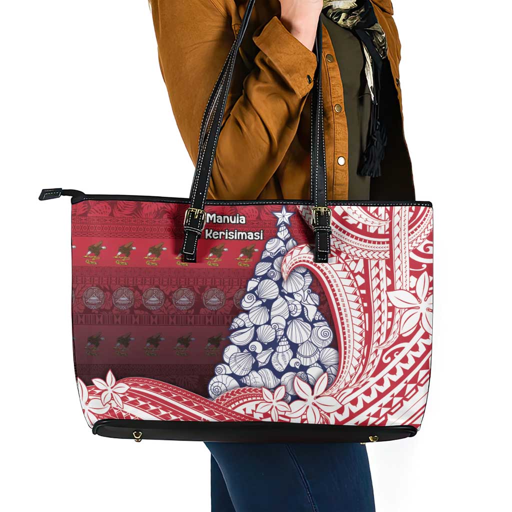American Samoa Christmas Leather Tote Bag Seashell Xmas Tree Tribal Waves - Polynesian Pride